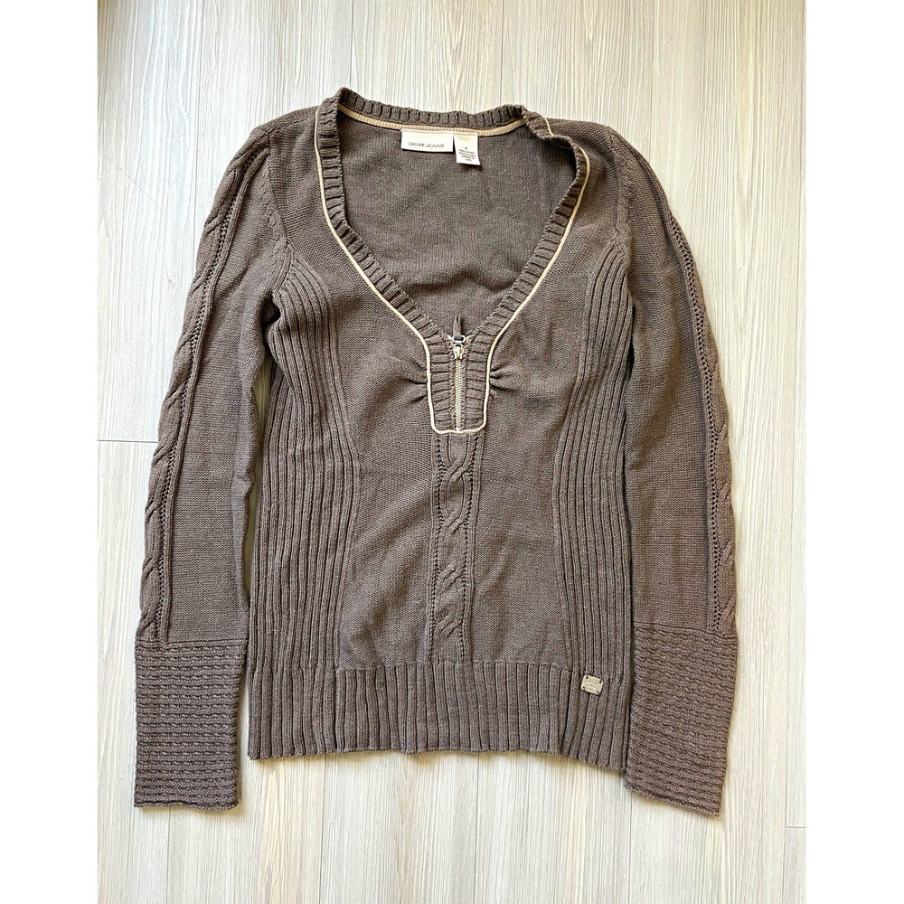 DKNY JEANS Women's Brown Cable-Knit V-Neck 1/4 Zip Pullover Sweater Sz M Y2K